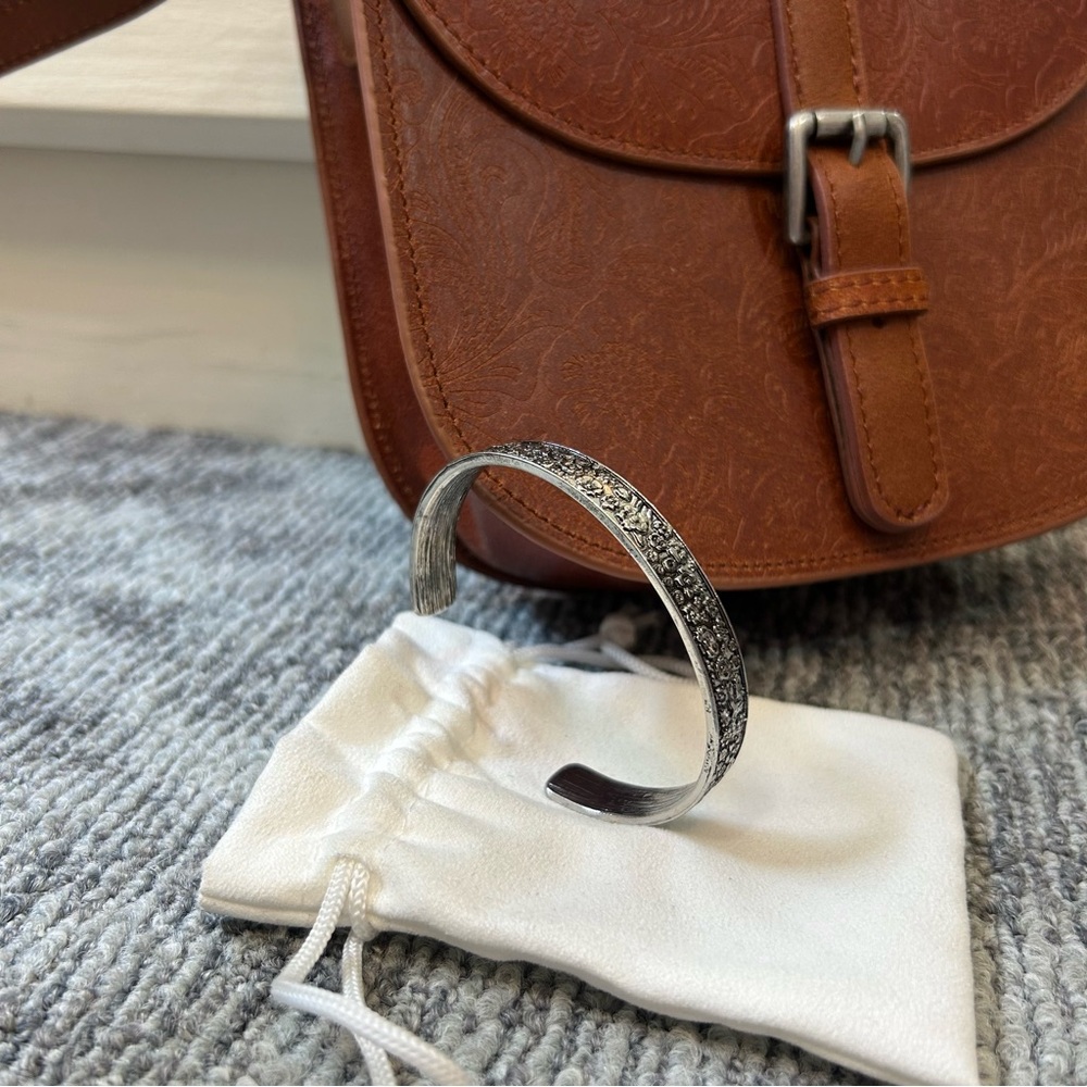 Silver Cuff Bracelet Engraved Metal Embossed Floral Detailing Southwest Country✨